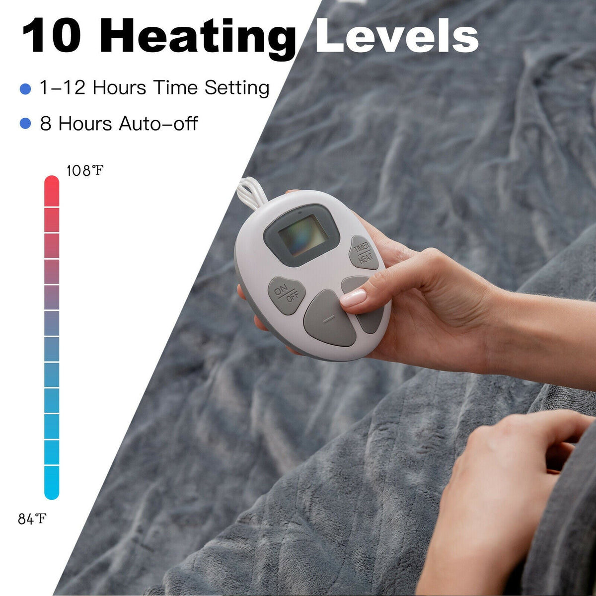 62 x 84 Inch Flannel Heated Electric Blanket with 10 Heating Levels-Gray