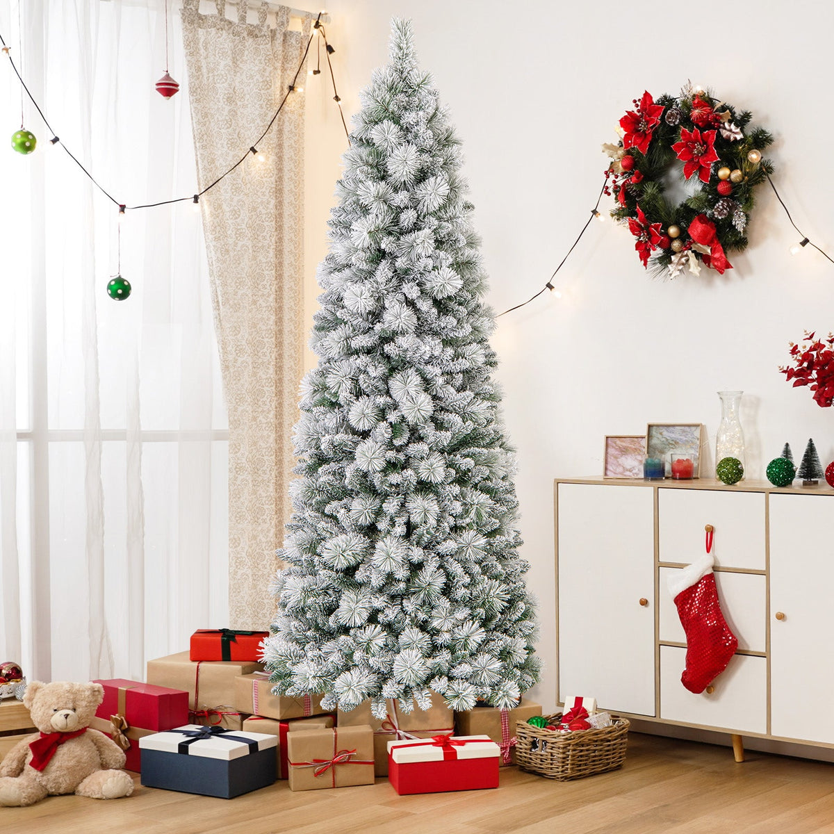 7 Feet Flocked Christmas Tree with Pine Needles and LED Lights