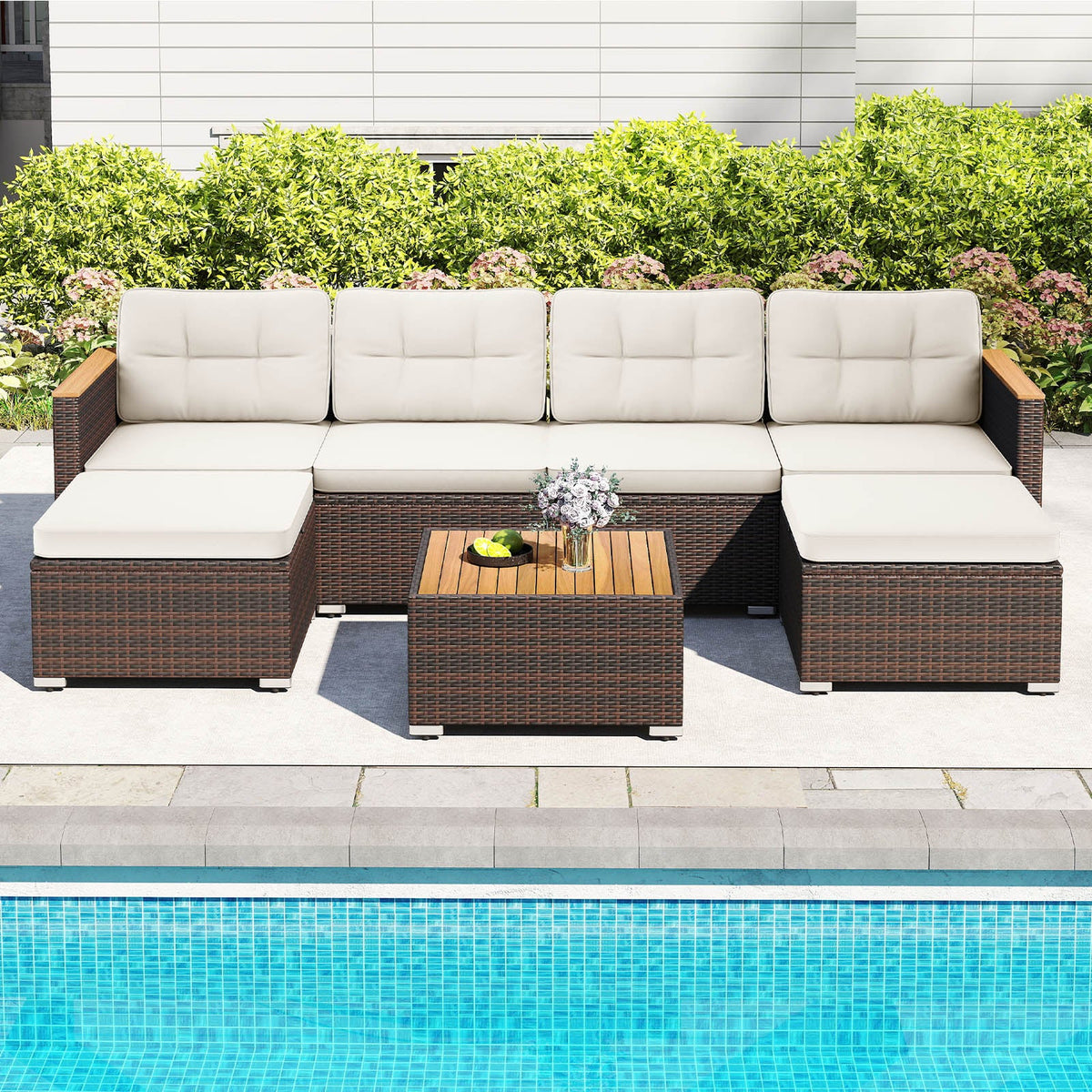 7 Pieces Wicker Conversation Set with Wood Armrests for Backyard-White
