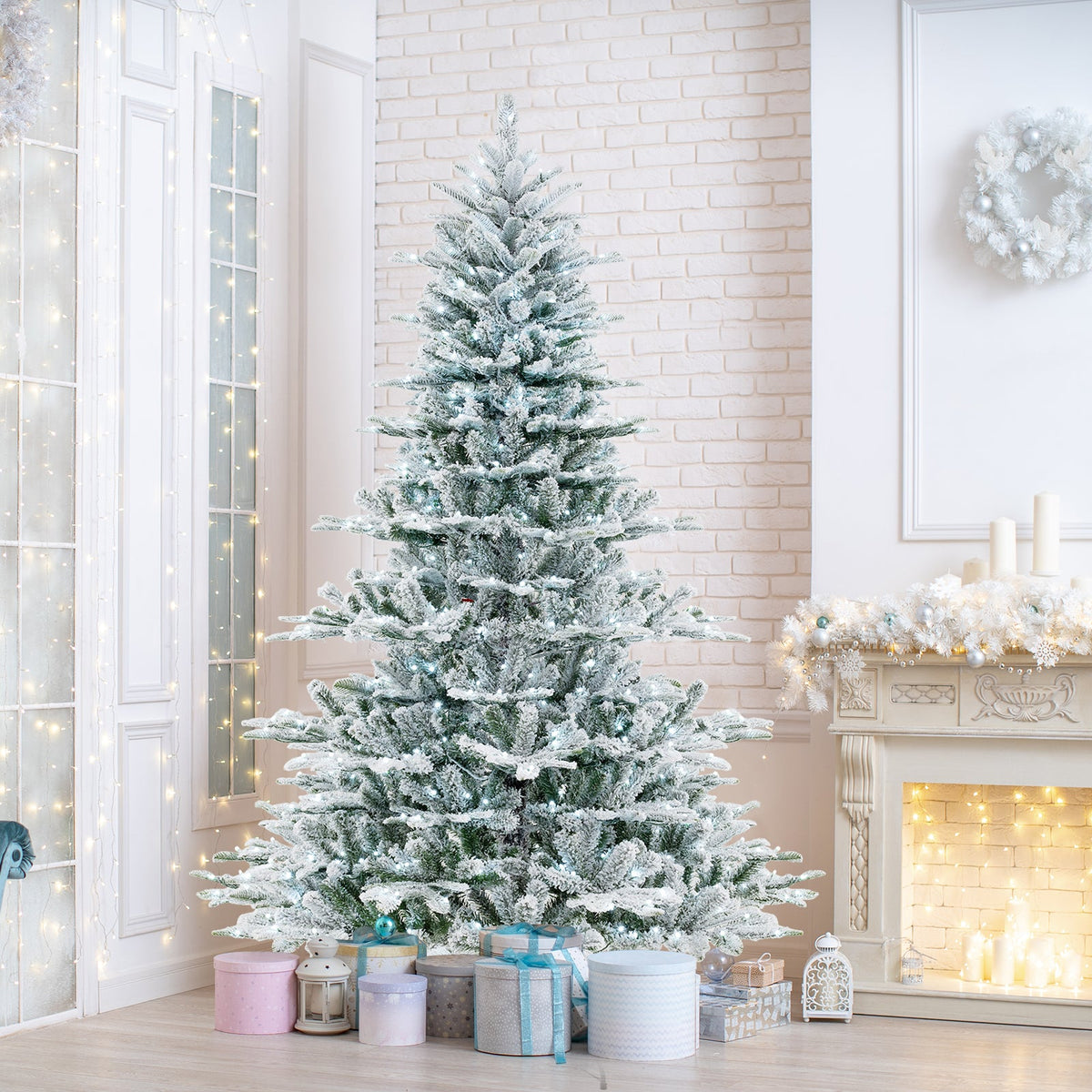7 Feet Snow Flocked Artificial Christmas Tree with Cool White LED Lights