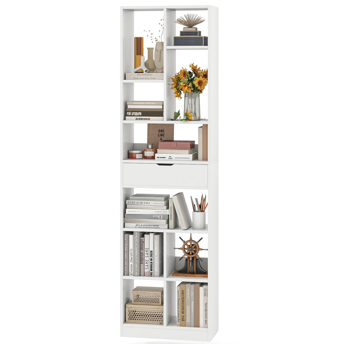 7-tier Bookshelf with Drawer 180cm Floor Standing Display Rack Storage Shelf-White
