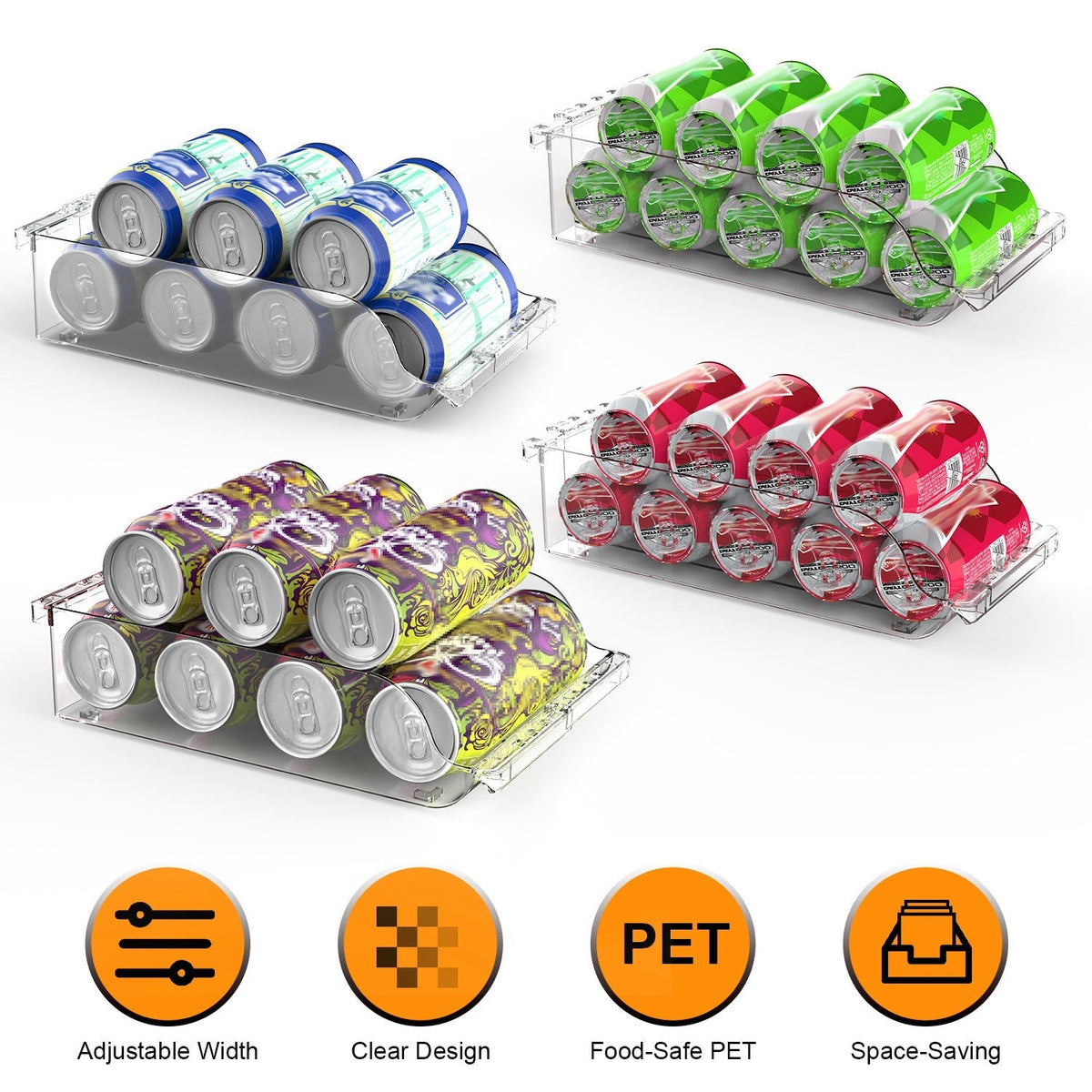 4Pcs Soda Can Organizers for Refrigerator Width Adjustable Clear Drink Organizer Expandable Can Holder Dispenser for Fridge Pantry Freezer