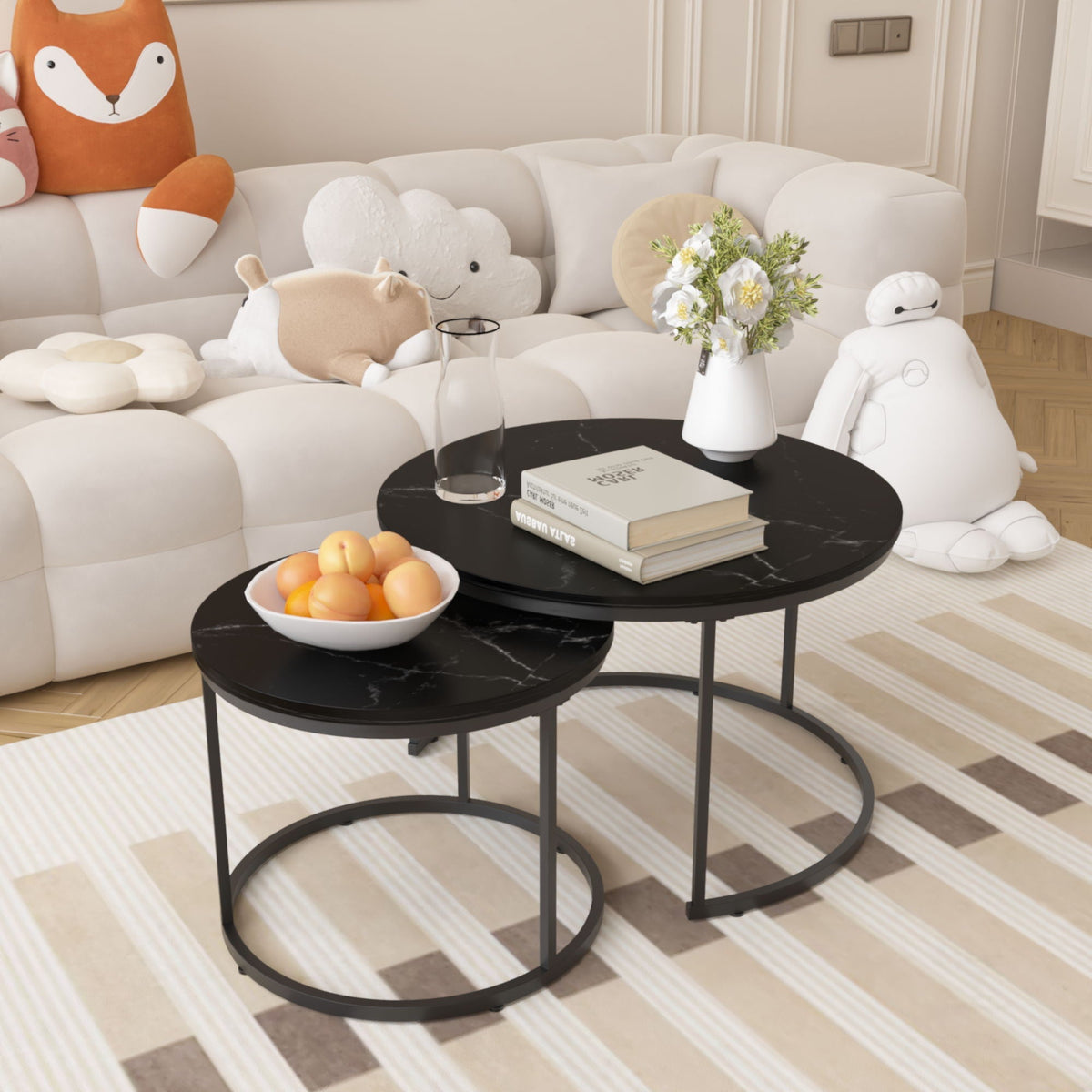 Round Nesting Coffee Table Set of 2 with Metal Base - Light Brown, White, or Black