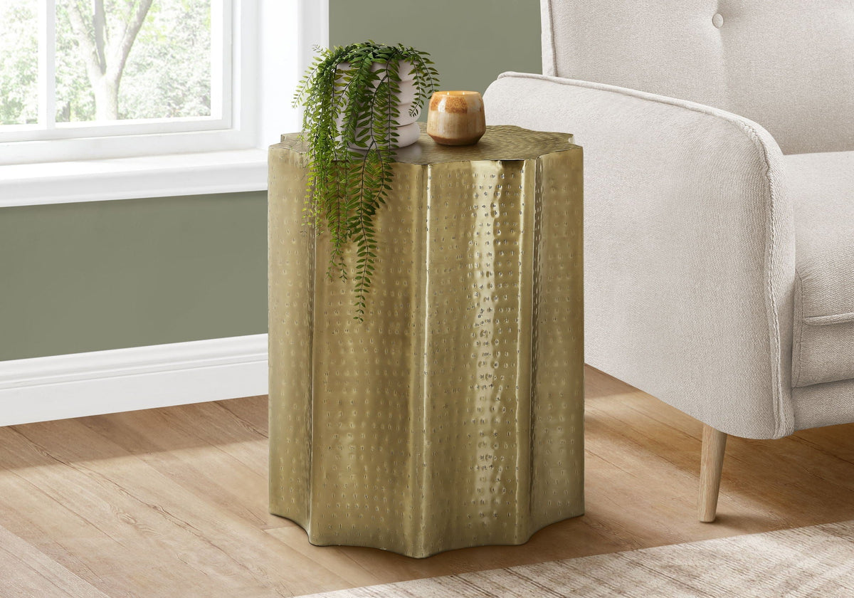 Drum Accent Side Table with Scalloped Hammered Metal Design - Beige, Bronze, Gold