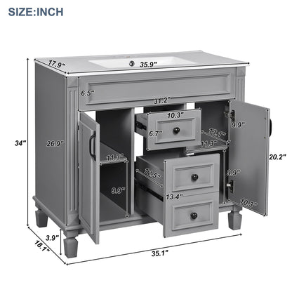 Bathroom Vanity with Ceramic Sink and Soft-Closing Storage - Dark Gray, White, or Black