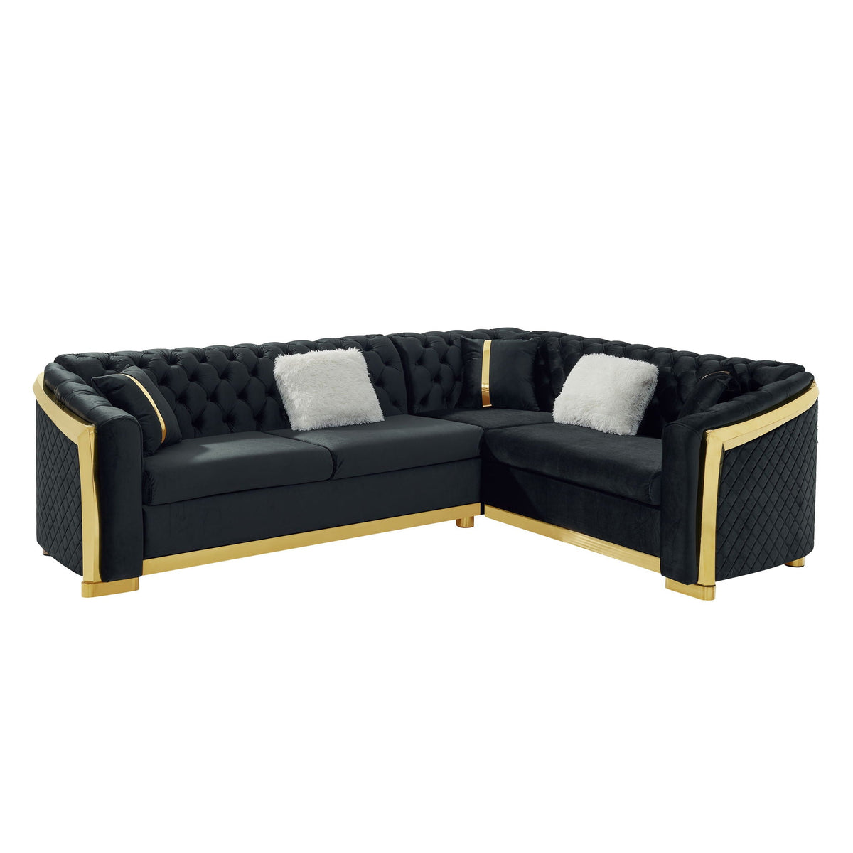 L Shaped Chesterfield Sectional Sofa with Stainless Steel Accents - Pink, Black, Beige