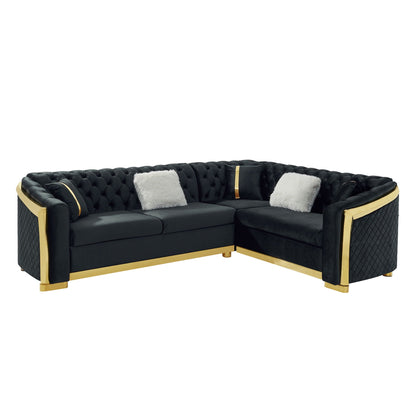 L Shaped Chesterfield Sectional Sofa with Stainless Steel Accents - Pink, Black, Beige