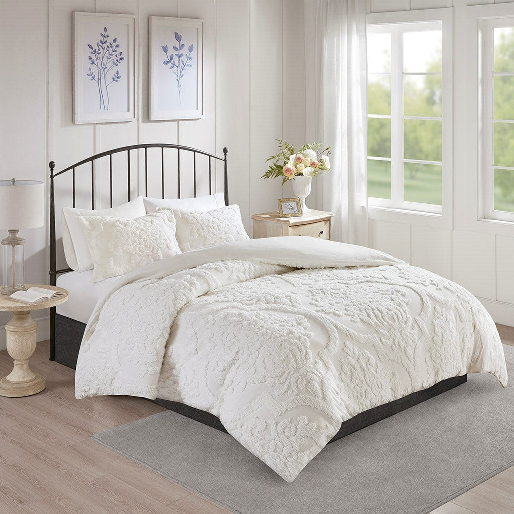 King/Cal King 3 Piece Tufted Cotton Chenille Damask Duvet Cover Set - Off-White