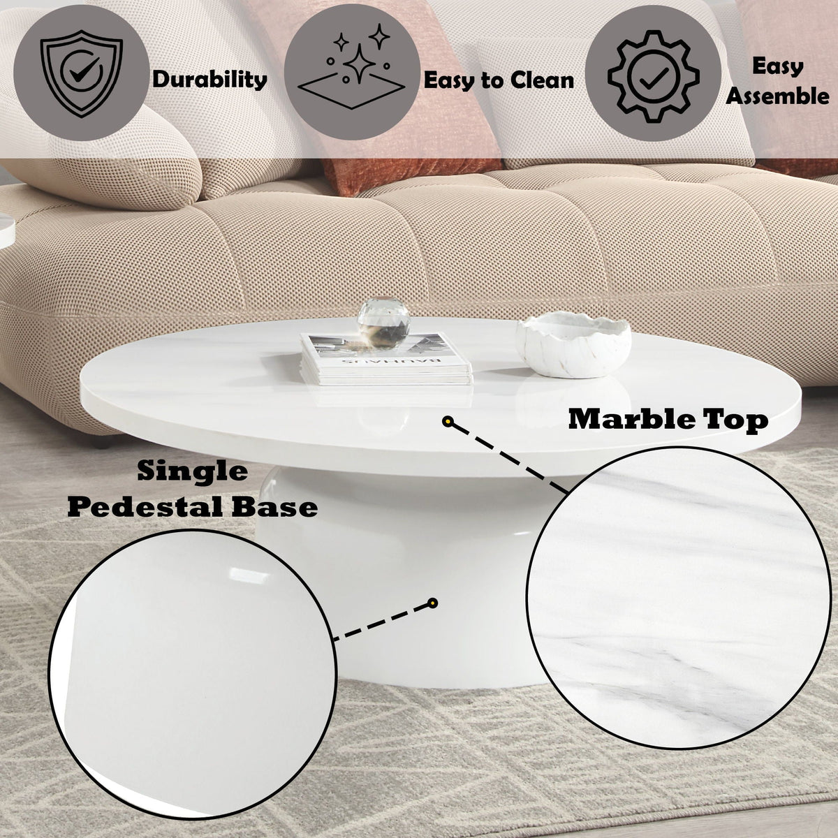 Zaid Engineering Marble High Gloss Table with Pedestal Base - White