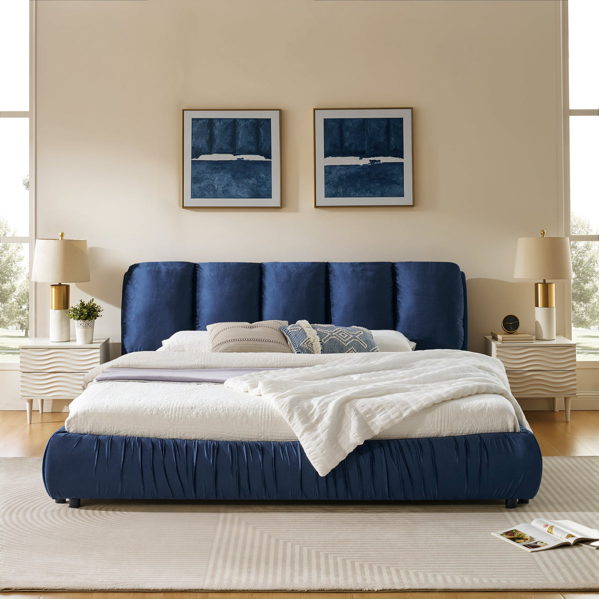 King Size Upholstered Bed Frame with Segmented Sponge Headboard - Dark Blue or Beige