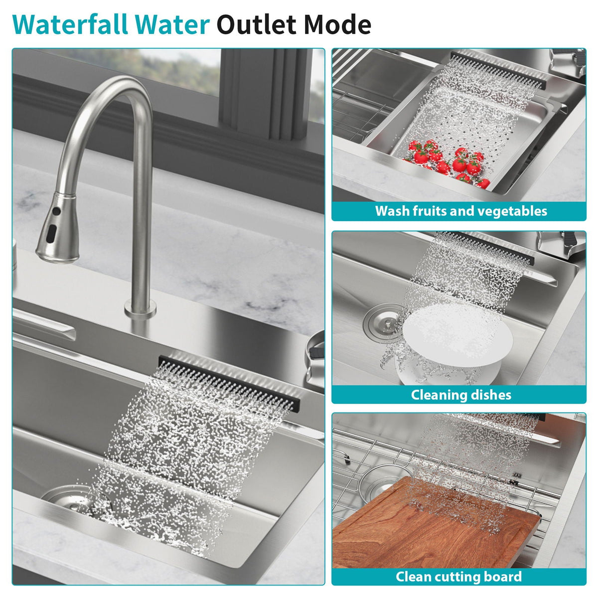 Drop In Waterfall Kitchen Sink with Pull-Out Faucet & Cup Washer - Gray or Black