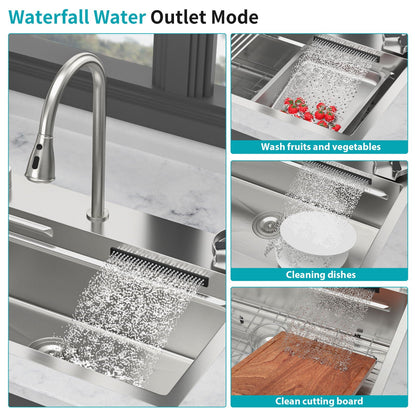 Drop In Waterfall Kitchen Sink with Pull-Out Faucet & Cup Washer - Gray or Black
