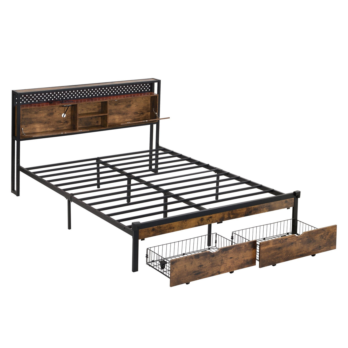 Modern Platform Storage Bed with USB Charging, Drawers & LED Lights - Dark Brown