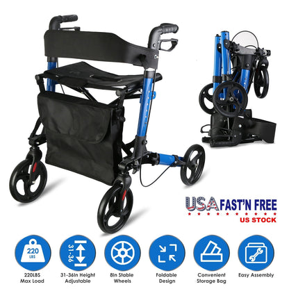 Aluminum Rollator Walker with Seat Backrest Foldable Rolling Walker with 220LBS Max Load 31-36in Adjustable Height 8in Wheels for Seniors Adult Mobili
