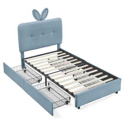 Twin Size Kids Upholstered Bed with Rabbit Ear Headboard & Storage - White Boucle