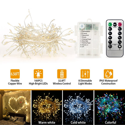 2M 100 LED Fairy String Lights Copper Wire w/Remote Control Party Xmas Decore Lights