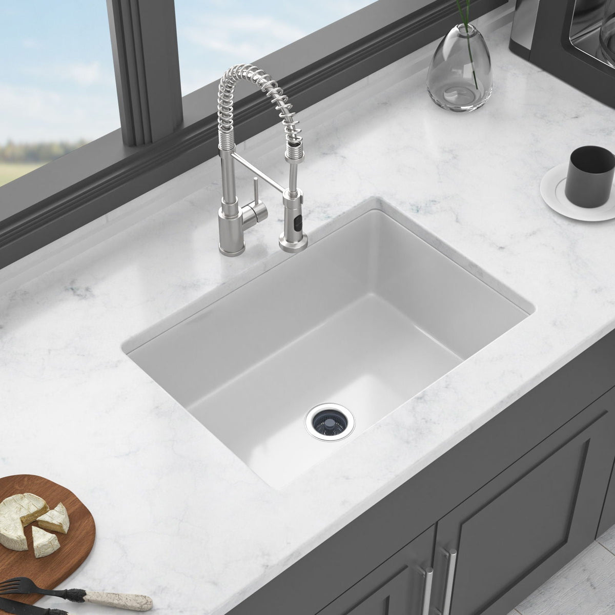 Rectangular Deep Single Bowl Kitchen Sink with Dual Mount Installation - White