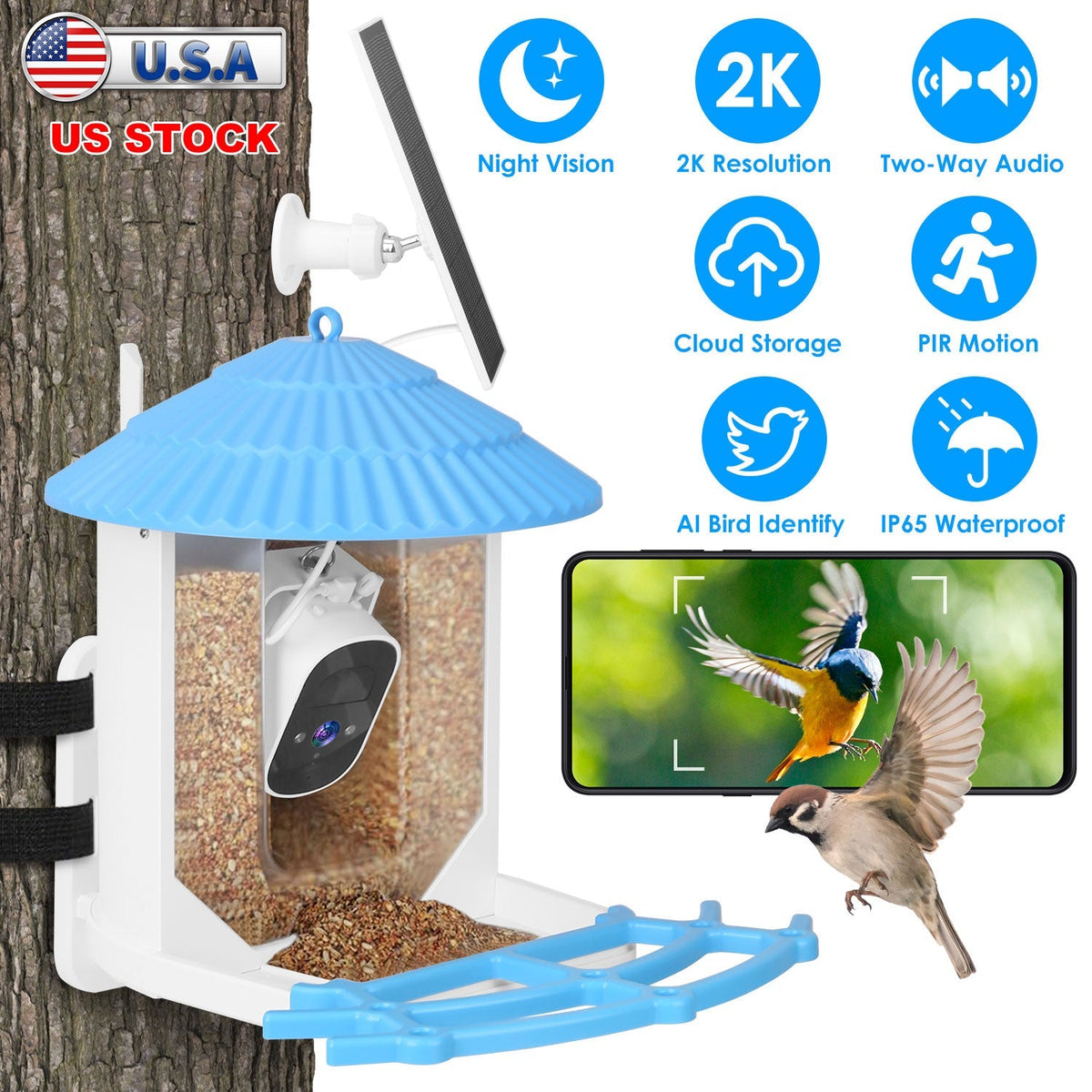 Solar Powered Smart Bird Feeder 2K Bird Watching Camera With PIR Motion AI Birds Species Identify Two-Way Audio Real-Time App Notification Capture Vid