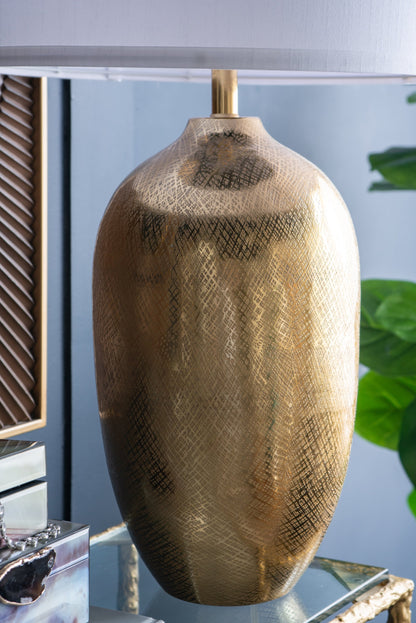 Round Aluminum Table Lamp with Fabric Shade - Gold