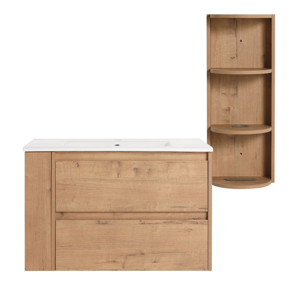 Modern Wall Mounted Bathroom Vanity with Ceramic Sink and Storage - Light Brown