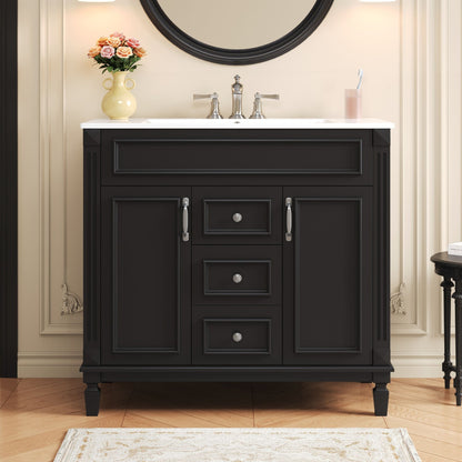 Bathroom Vanity with Ceramic Sink and Soft-Closing Storage - Dark Gray, White, or Black