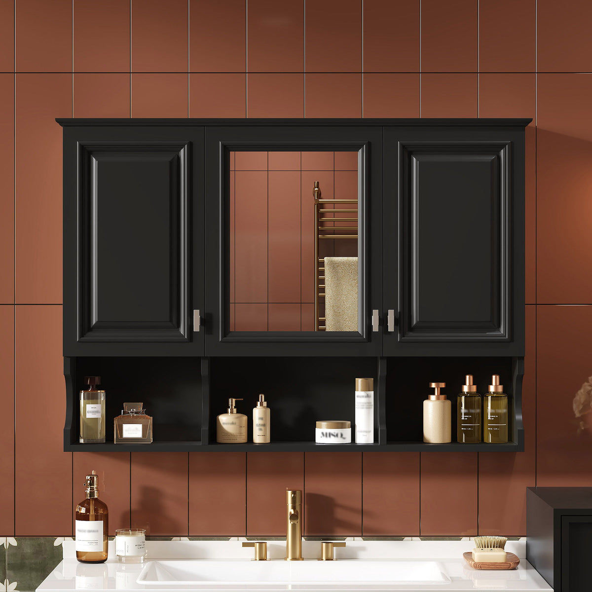 Modern Wall Mounted Medicine Cabinet with Open Shelves - White or Black