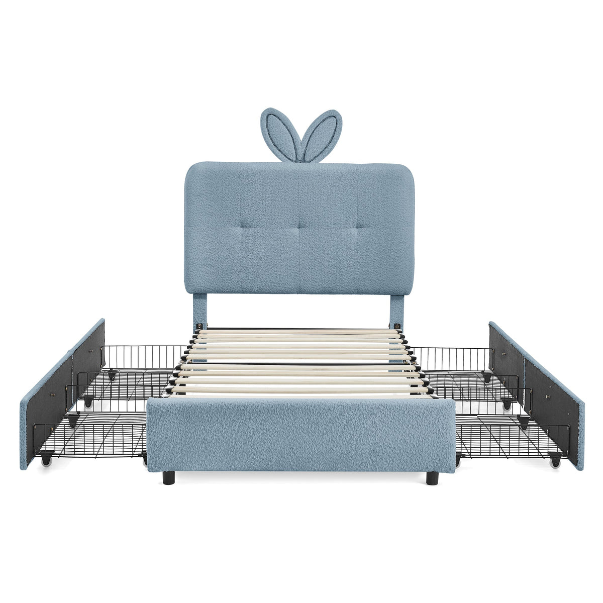 Twin Size Kids Upholstered Bed with Rabbit Ear Headboard & Storage - White Boucle