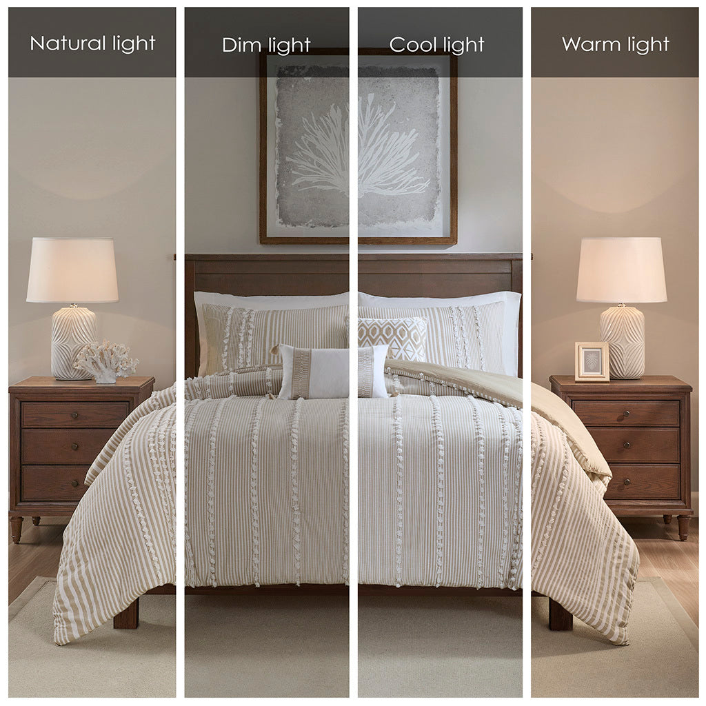 King 3 Piece Cotton Yarn Dyed Duvet Cover Set with Tufted Chenille - Taupe Stripes