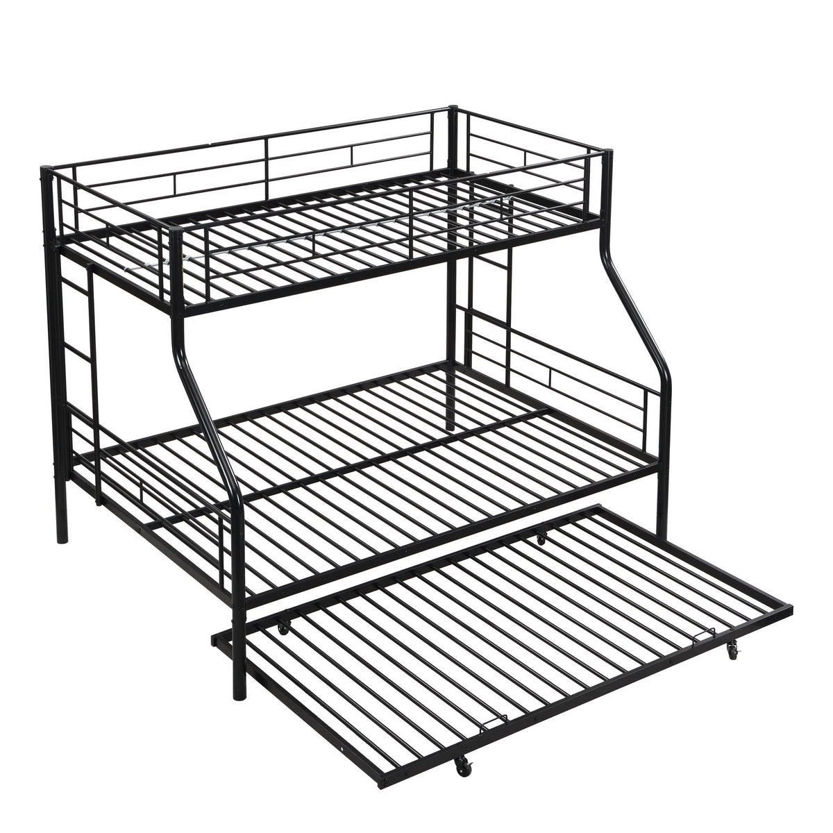 Twin Over Full Modern Metal Bunk Bed with Trundle - Black