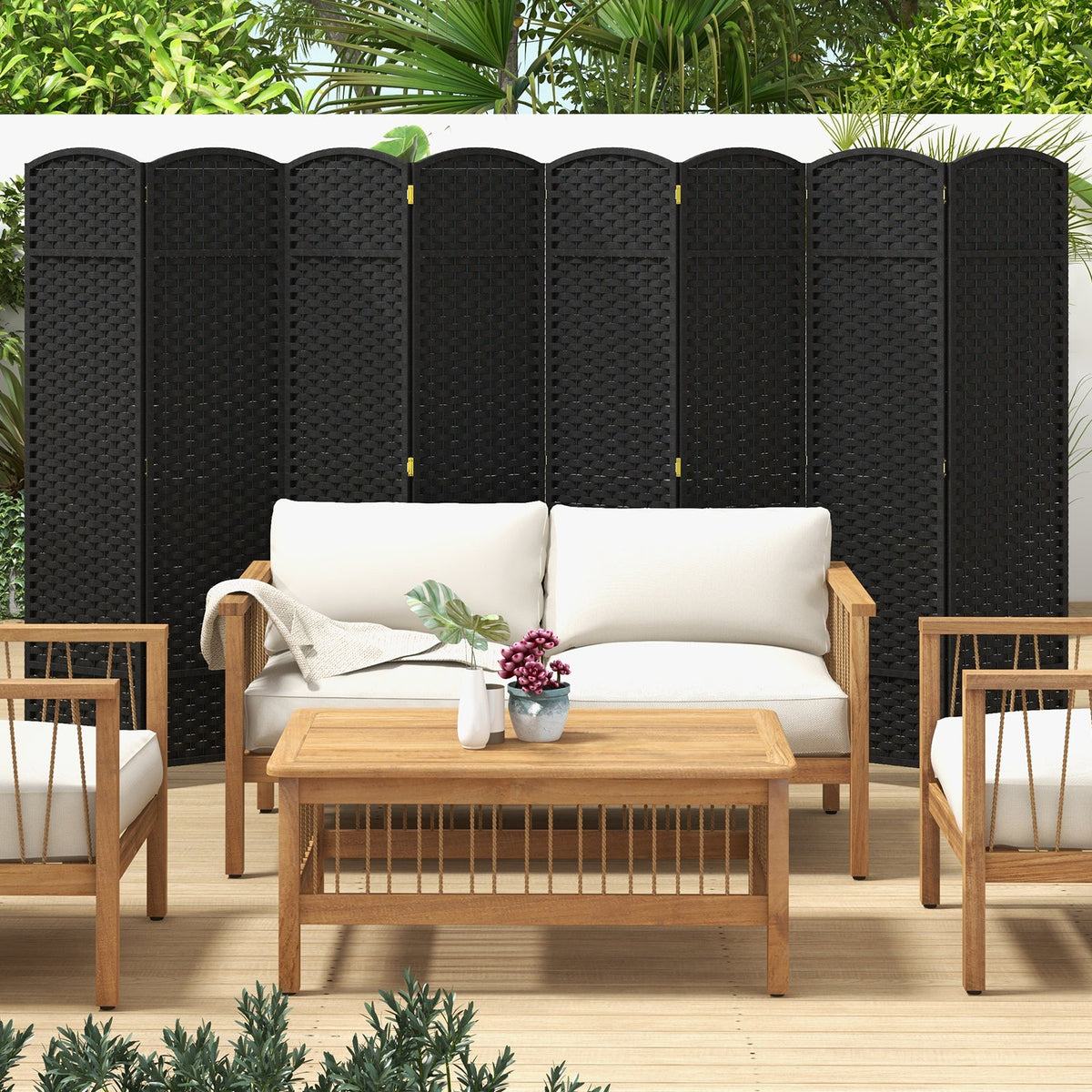 8-Panel Folding Room Divider with Hand-woven Texture and Wood Frame