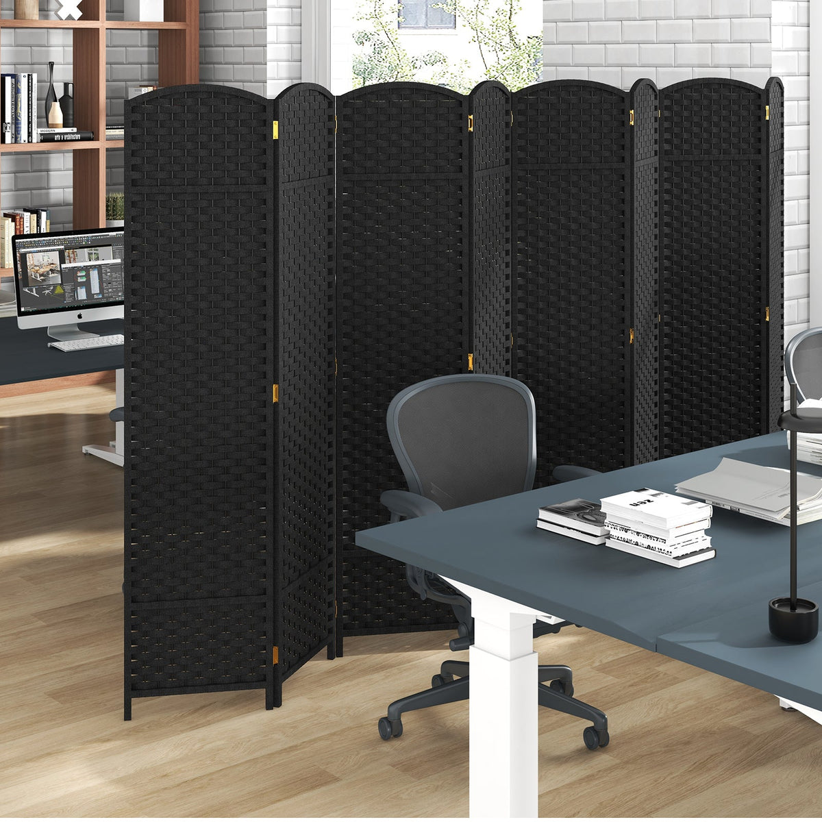 8-Panel Folding Room Divider with Hand-woven Texture and Wood Frame