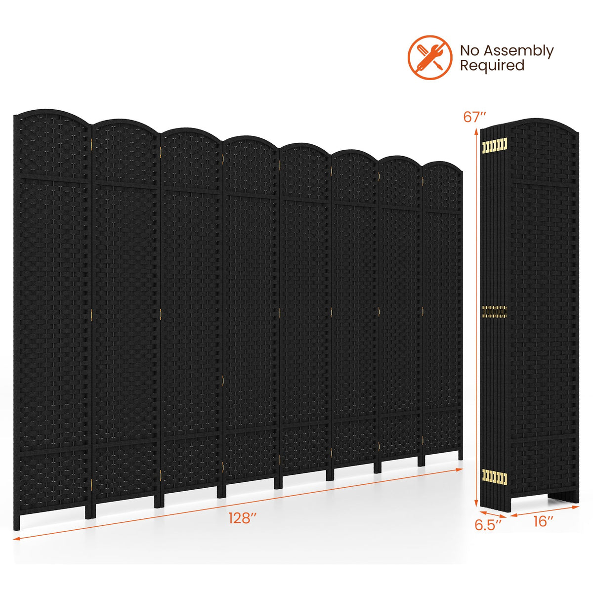 8-Panel Folding Room Divider with Hand-woven Texture and Wood Frame