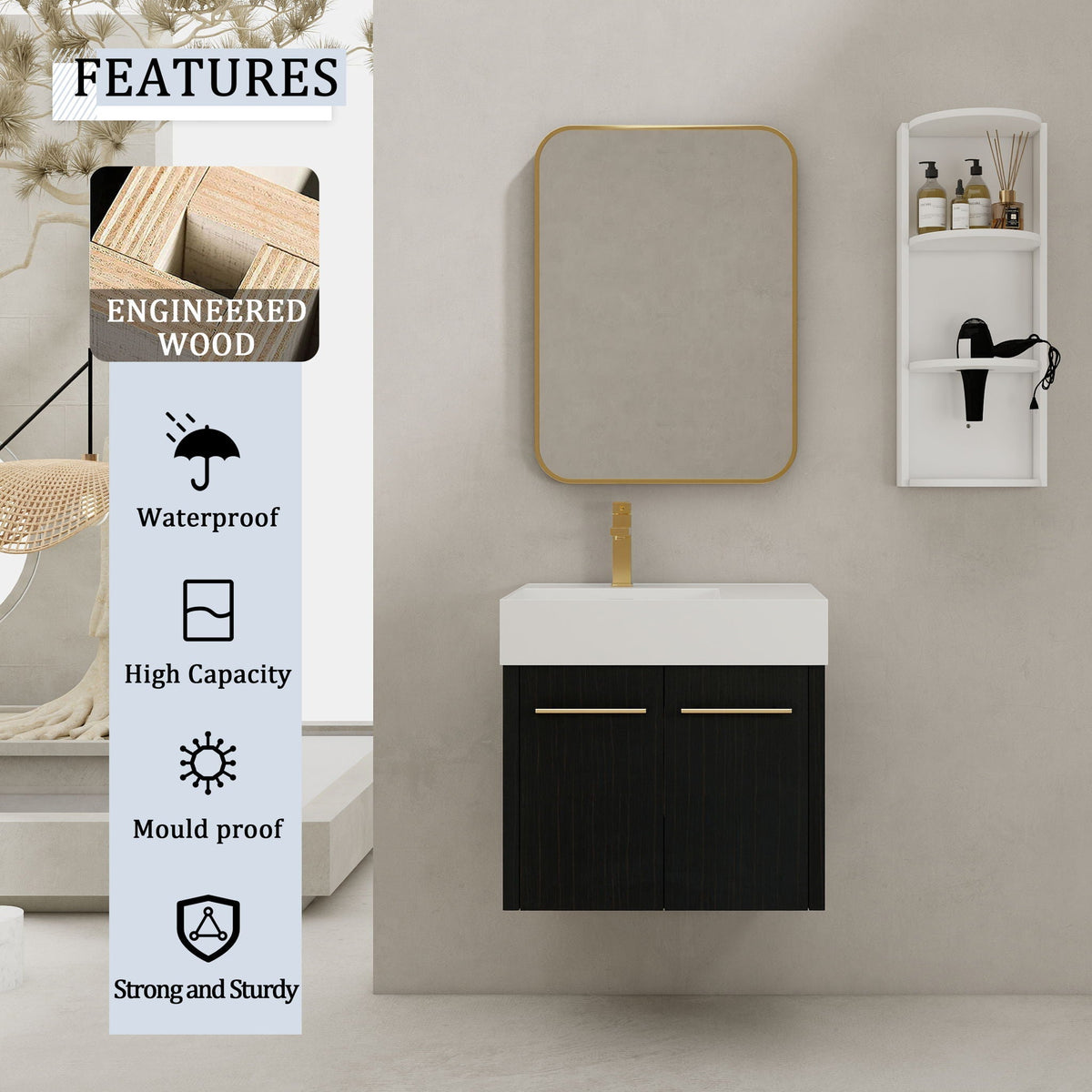 Modern Wall Mounted Bathroom Vanity with Resin Sink - Black