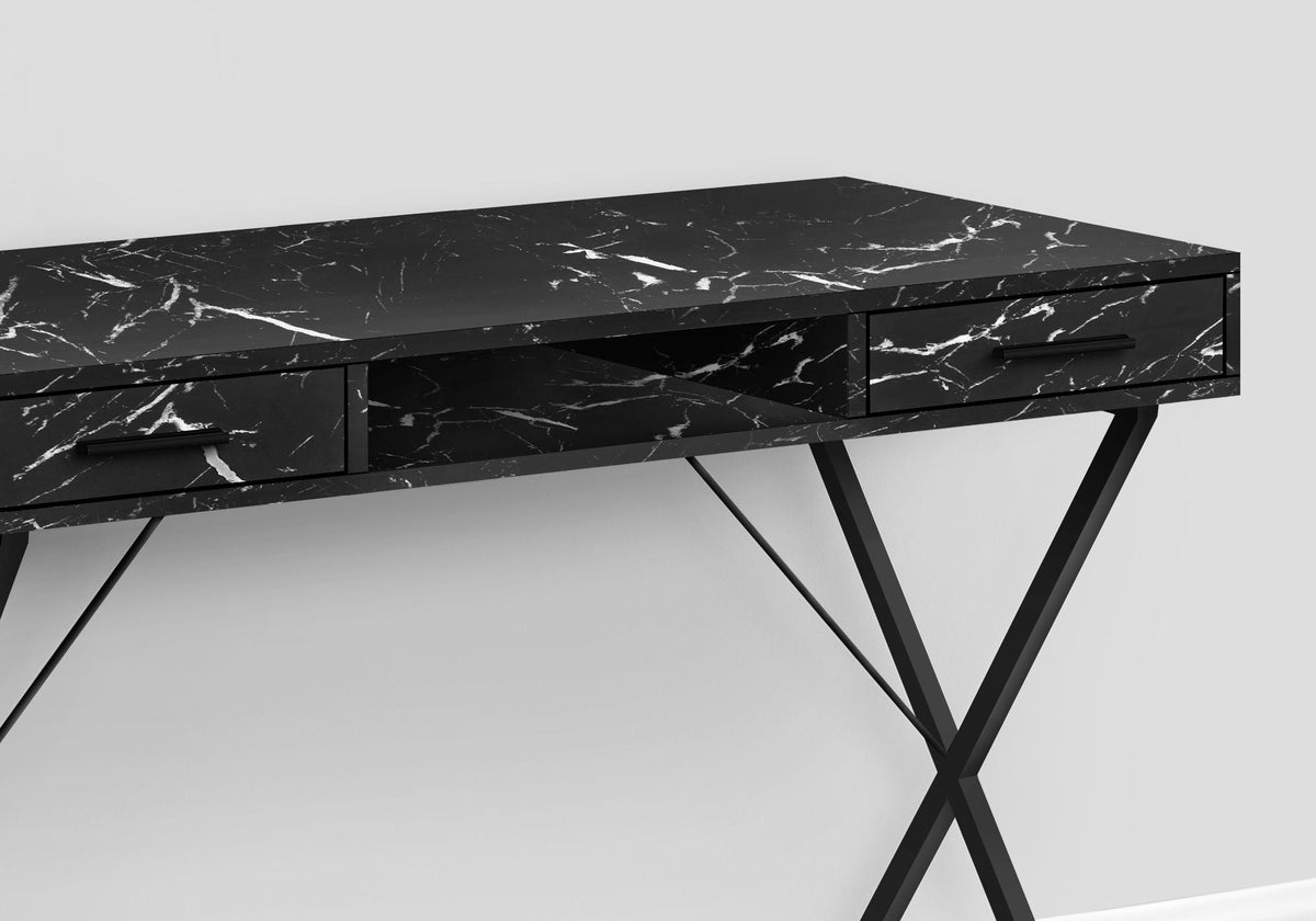 Modern Black Marble Look Computer Desk with Storage Drawers - Black