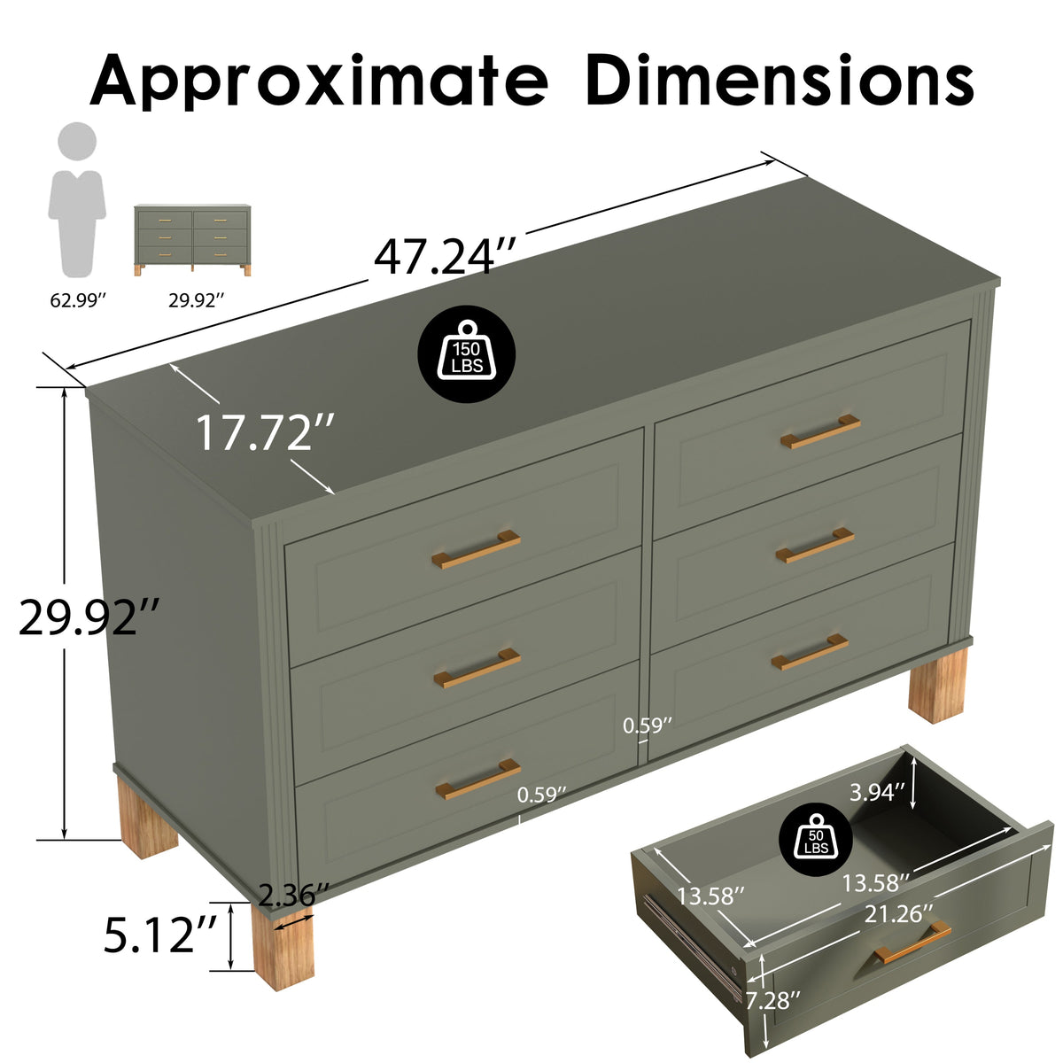 6-Drawer Double Dresser with Solid Wood Legs - Olive