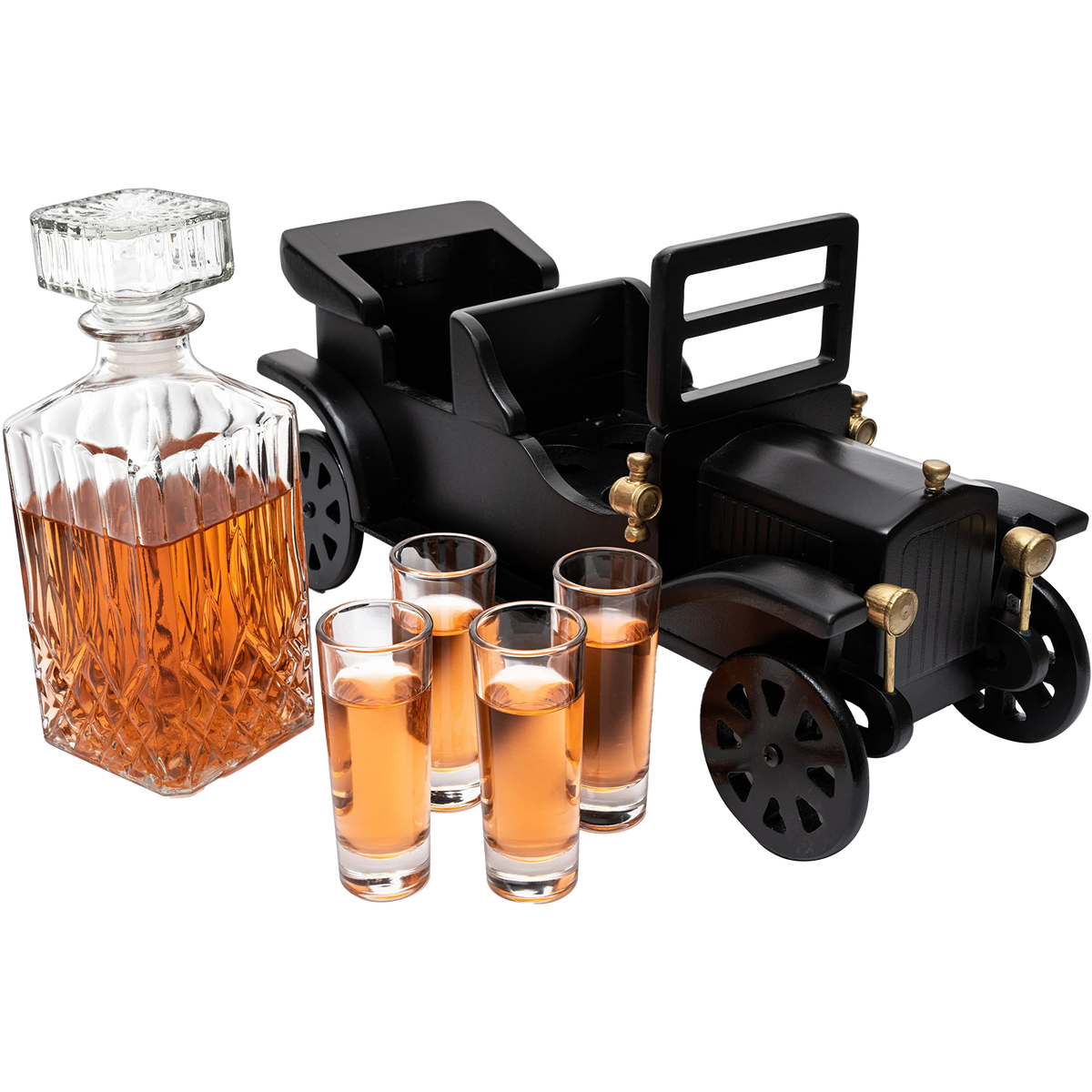 Old Fashioned Car Whiskey Decanter Set, Model T, Very Large 15" x 13" x 7" 750ml Decanter, and - 4 3oz Whiskey Tumbler Old Fashion Glasses, Old Fashioned Vintage Car, Limited Edition, Car Lovers Gift!