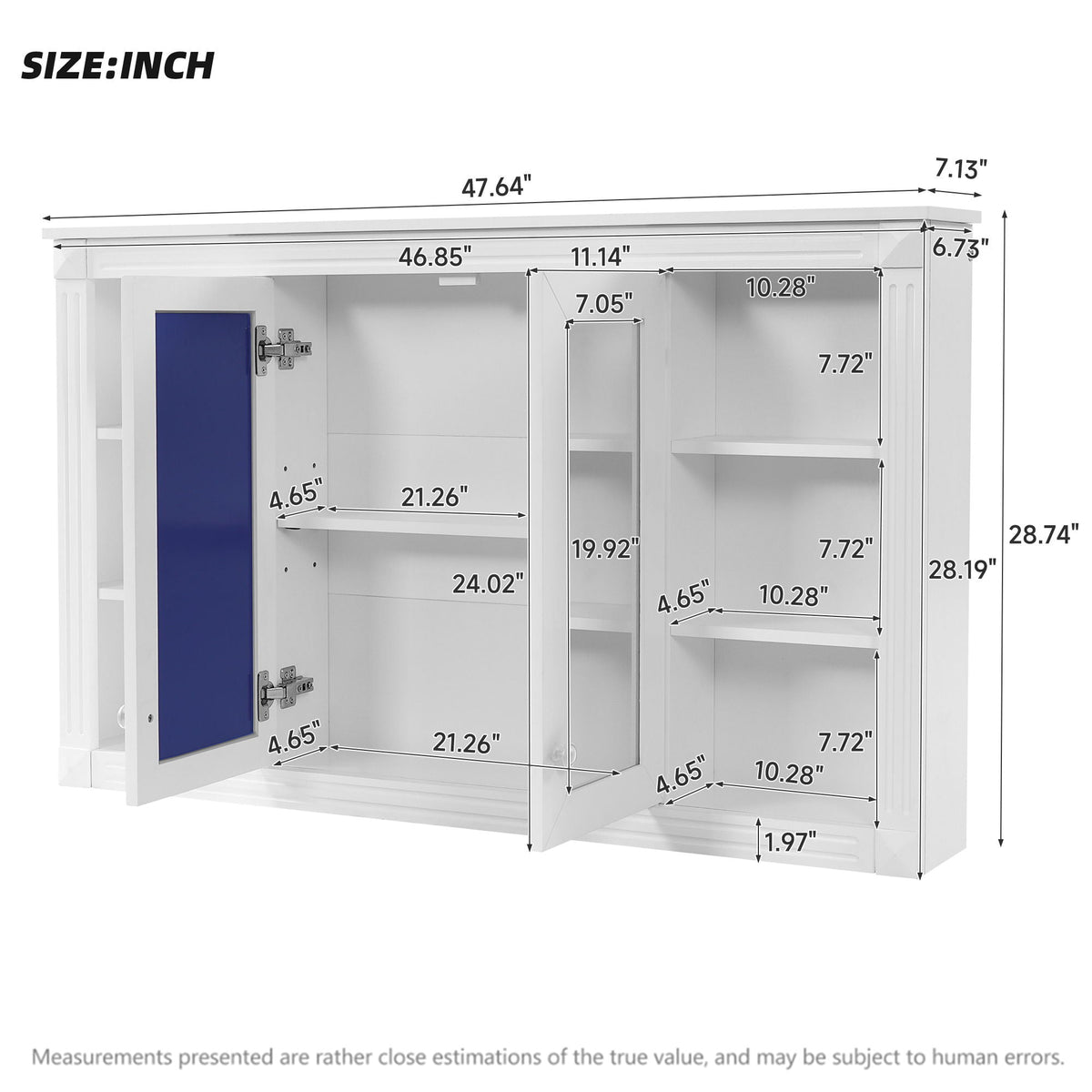 Wall-Mounted Mirror Cabinet with Adjustable Shelf and Open Shelves - White or Blue