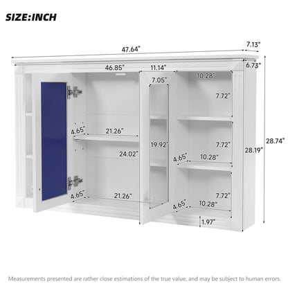 Wall-Mounted Mirror Cabinet with Adjustable Shelf and Open Shelves - White or Blue