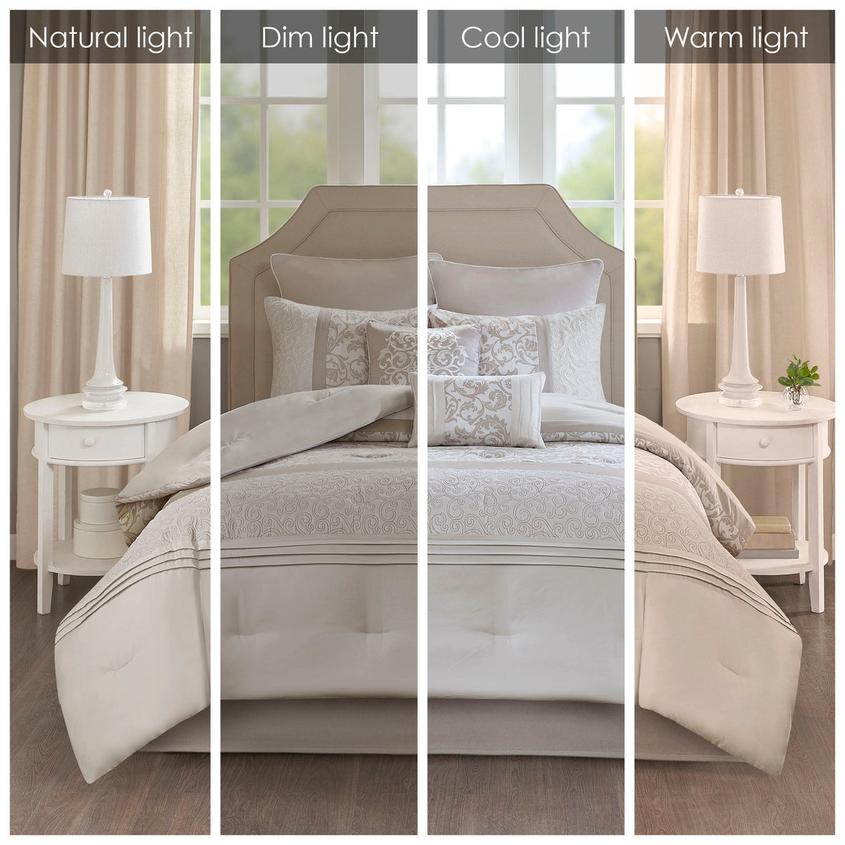 Embroidered 8 Piece Comforter Set with Hypoallergenic Fill - Neutral Queen