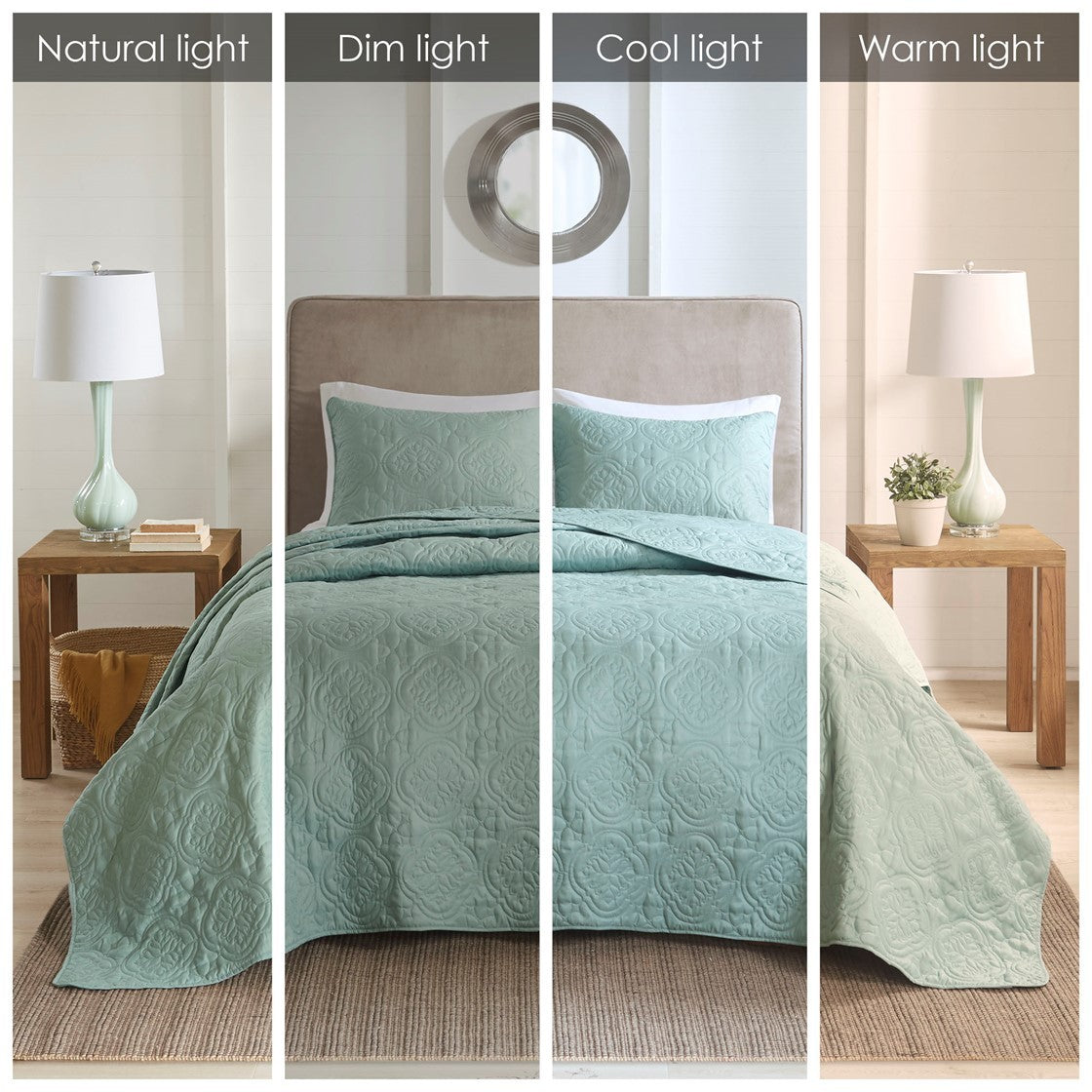 Seafoam Reversible Bedspread Set with Quilted Medallion Design - King/Cal King