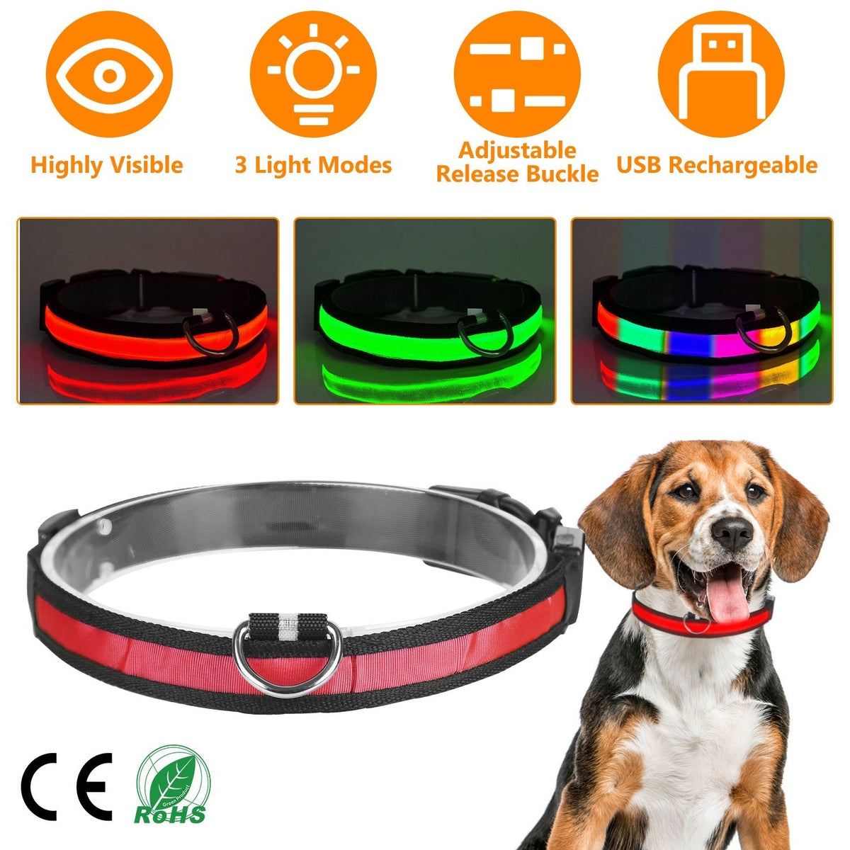 LED Dog Collar USB Rechargeable Adjustable Dog Safety Collar Night Safety Flashing Luminous Light up Collar