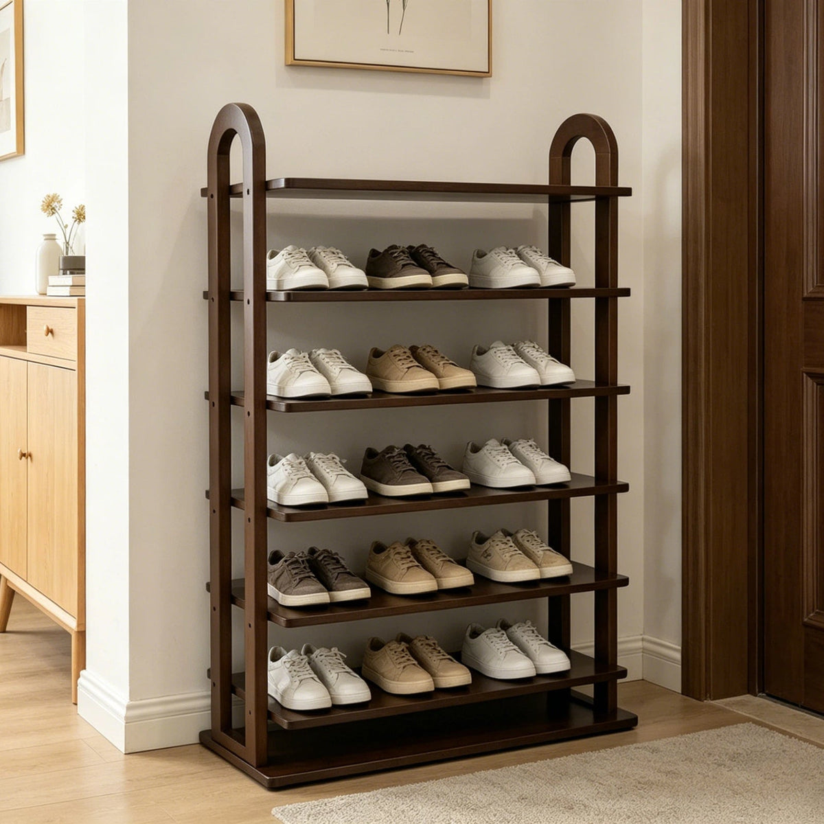 Solid Wood 7-Tier Shoe Rack with Vertical Organizer - Natural Wood