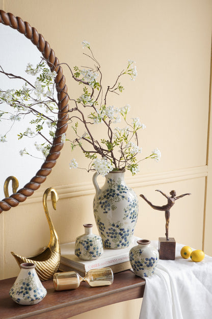 White Ceramic Vase with Blueberry Motif - Multicolor