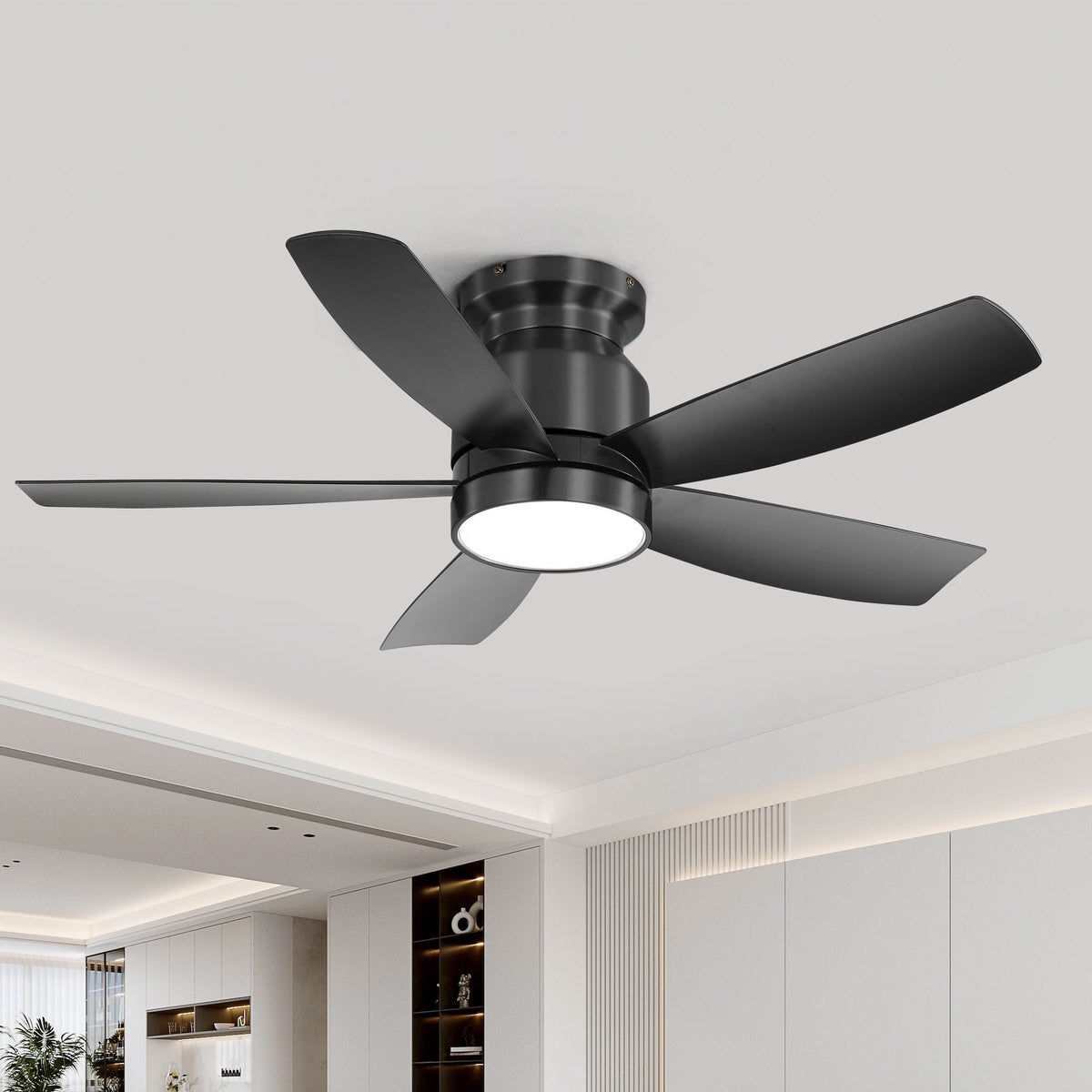 Flush Mount Ceiling Fan With LED Light 22W And Remote Control