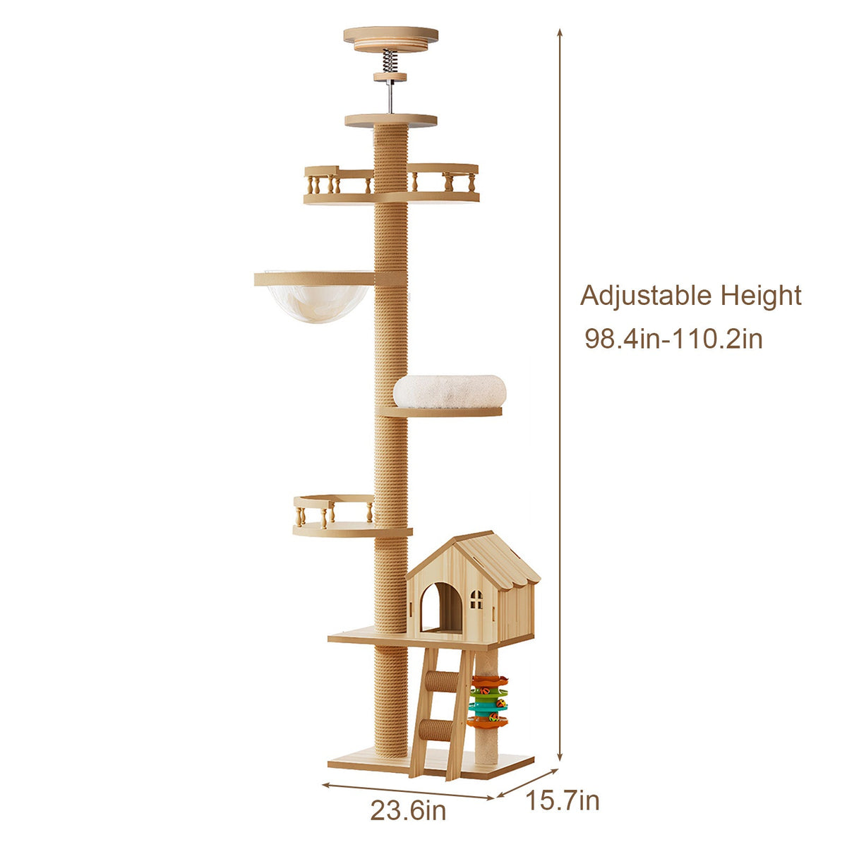 Floor to Ceiling Cat Tree with Wood Condo Cave Bed and Hammock - Adjustable Height