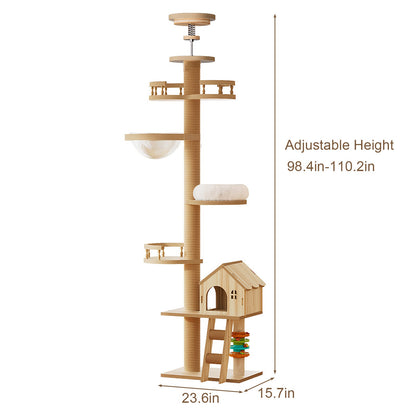 Floor to Ceiling Cat Tree with Wood Condo Cave Bed and Hammock - Adjustable Height