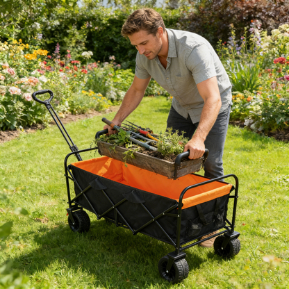 Large Capacity Folding Outdoor Wagon Cart with Extender - Black & Orange