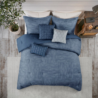 7 Piece Printed Seersucker Comforter Set with Hypoallergenic Fill - Navy
