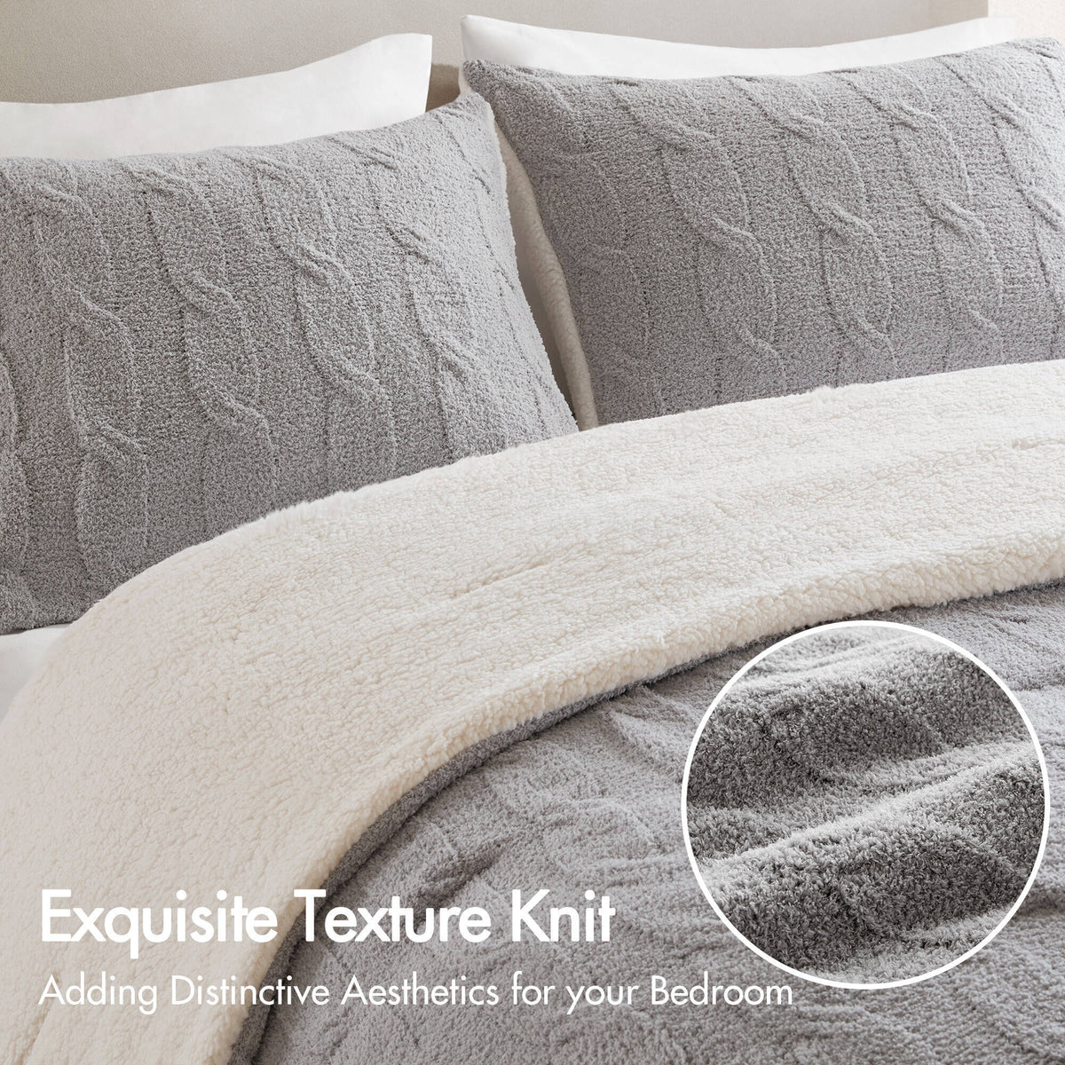 3 Pieces Full/Queen Cable Knit Chenille Comforter Set Gray