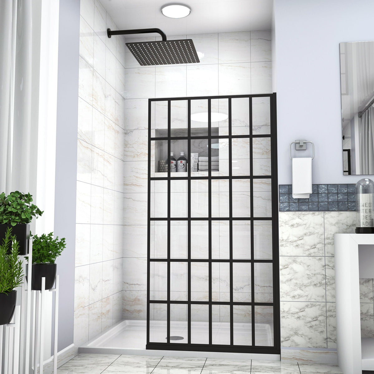 Frameless Fixed Shower Door with Open Entry Design – Matte Black